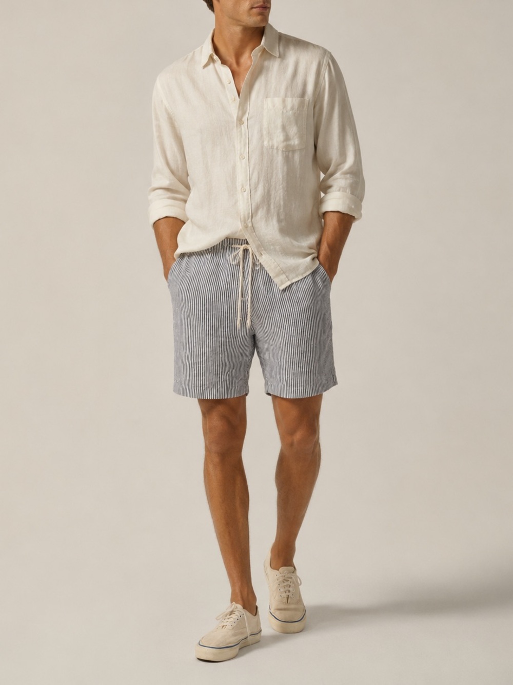 Alex Crane Bo Linen Stripe Drawstring Shorts Relaxed Beach Coastal Grandpa